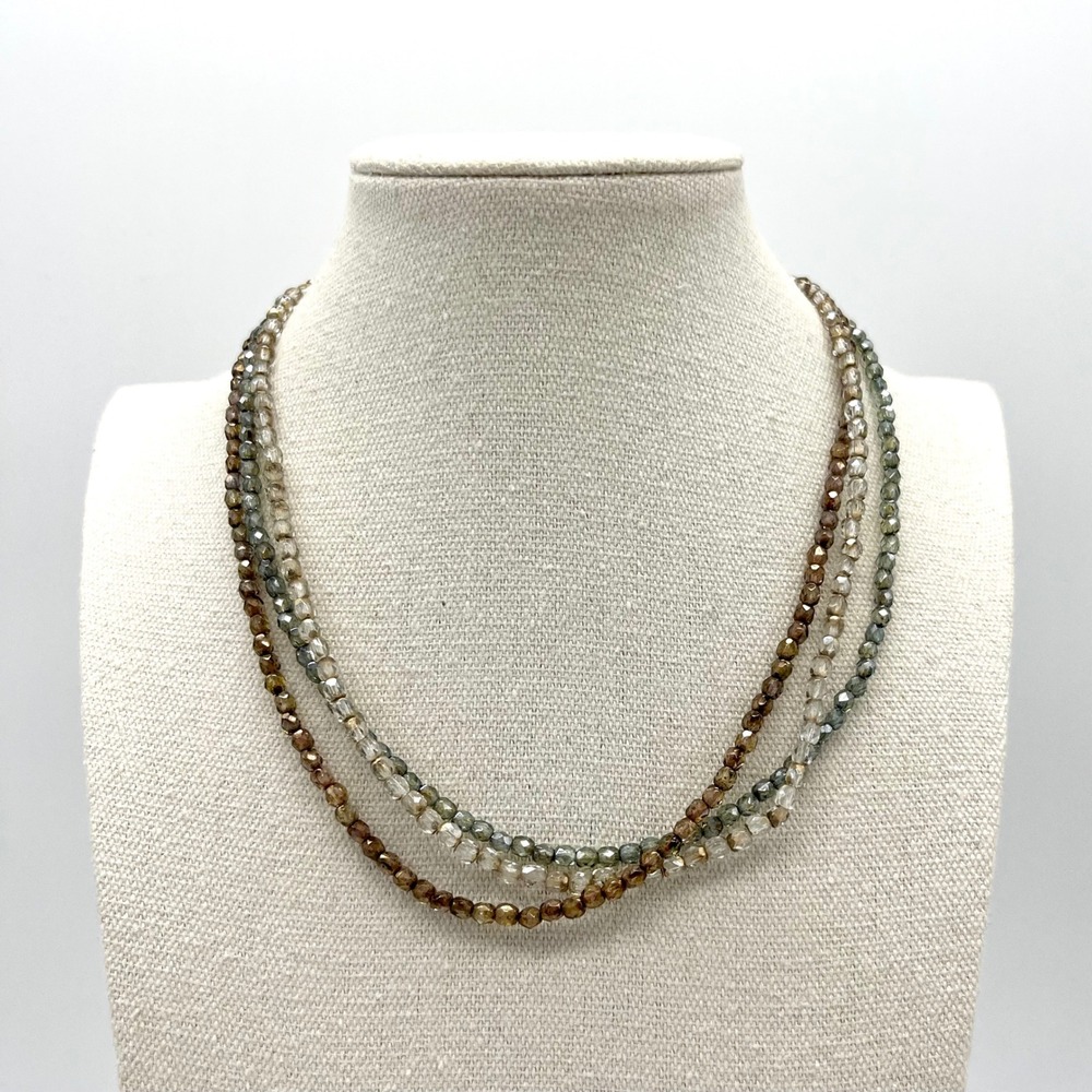 Glass Beaded Necklace 3 Strand Faceted Beads Magnetic Clasp Neutral Colors‎